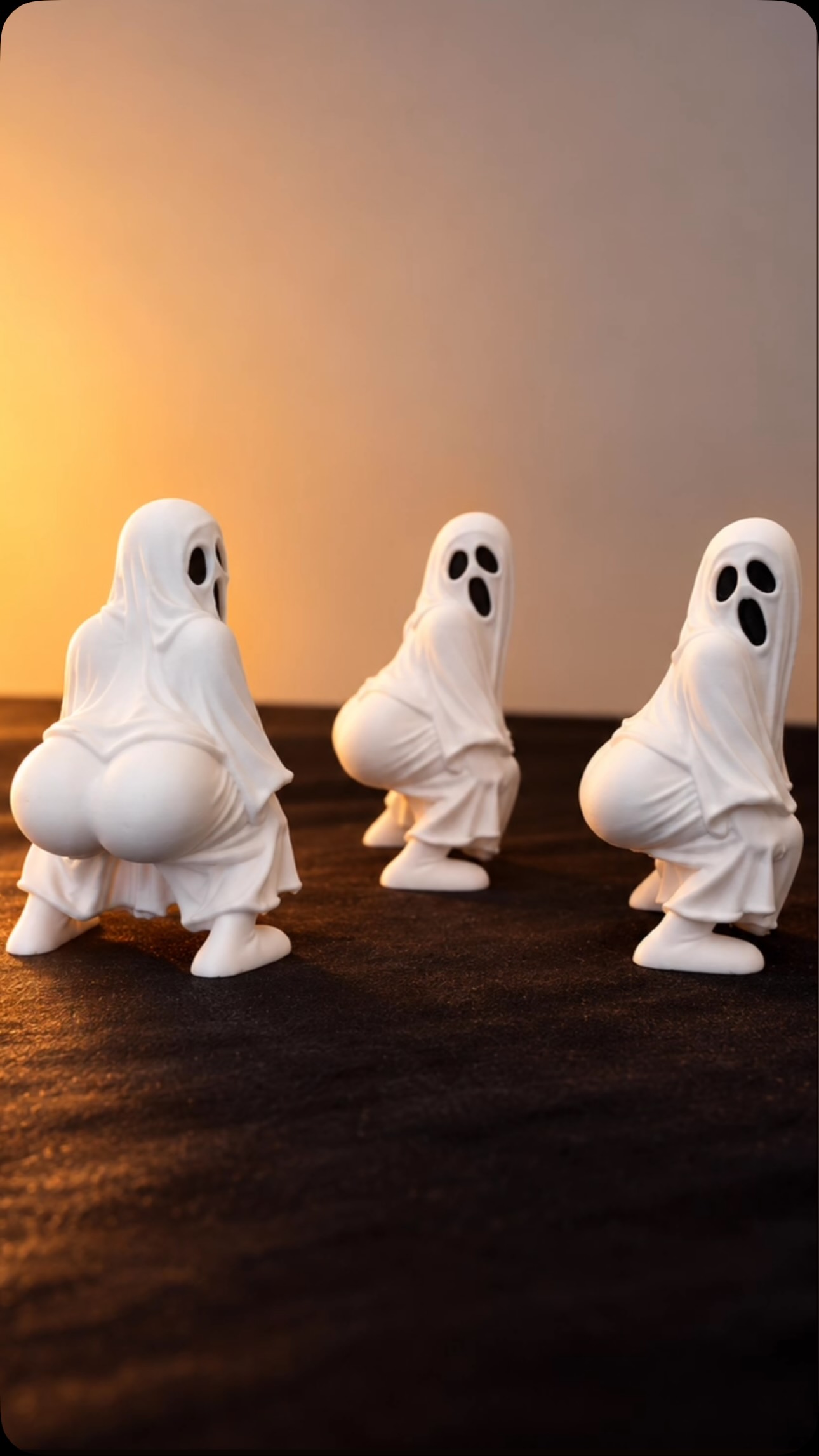 Three cheeky white Boo-tyful Ghost figures on a tabletop