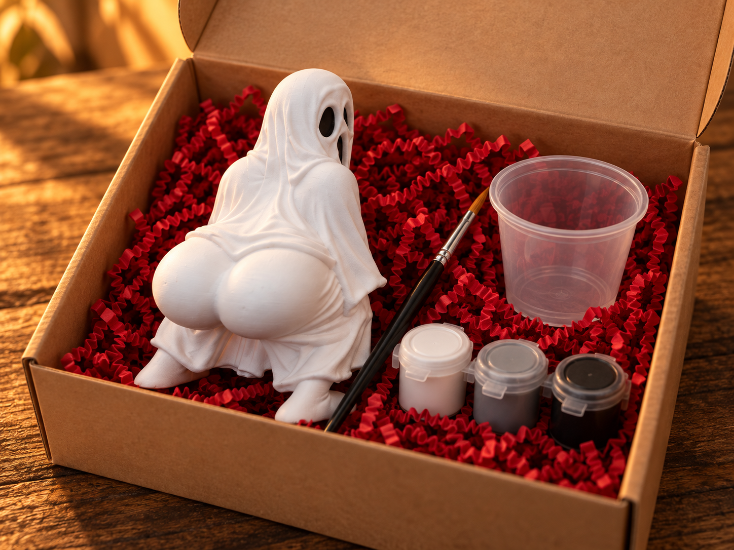 Gift presentation concept: unpainted ghost with paints, brush and rinse cup in a kraft box; confirm packaging