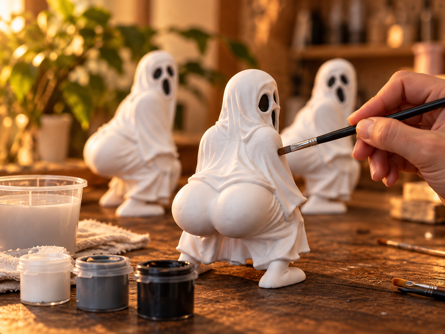 Painting inspiration: a hand painting a cheeky ghost beside white, gray and black paints and a rinse cup